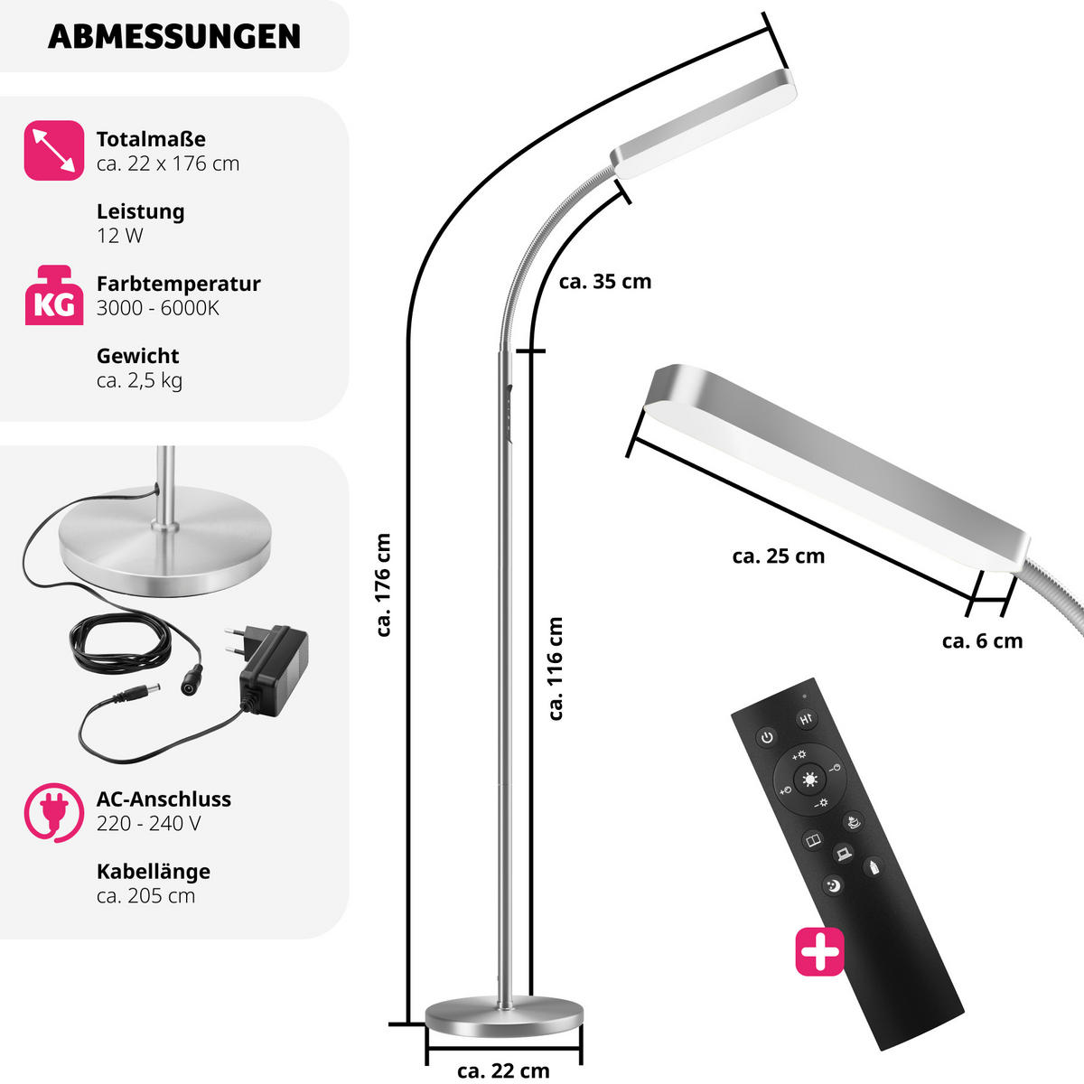 STEHLAMPE Prisma,22 x 176 cm,silber - Silberfarben, Metall (22/22/176cm) - tectake