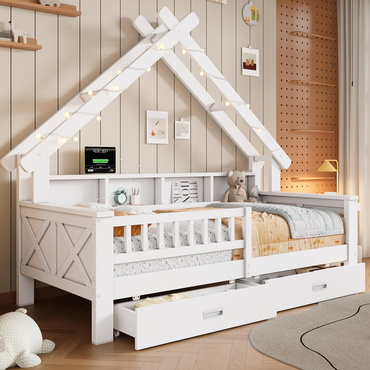 HAUSBETT 90/200 cm Weiß mit LED, Stauraum und Schubladen - Weiß, Holz (90/200cm) - MIVRAY