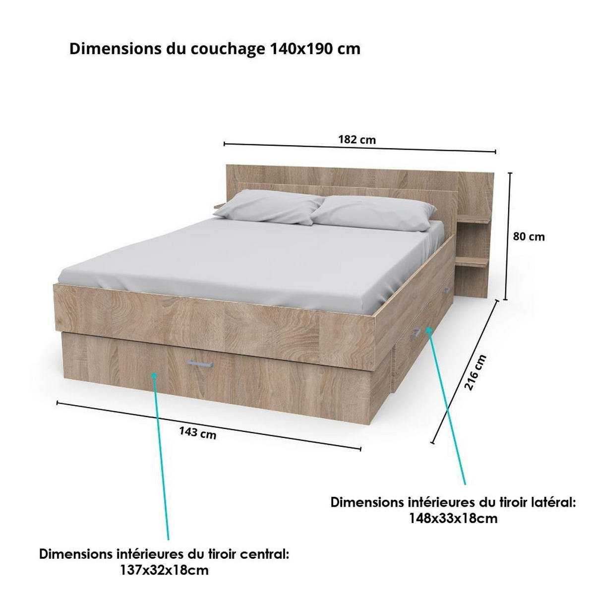 BETT SAMBA mit Schubladen / Bett 140x190 - Eiche gebleicht Dekor - Sonoma Eiche, Holzwerkstoff (140/190cm) - Weber Industries