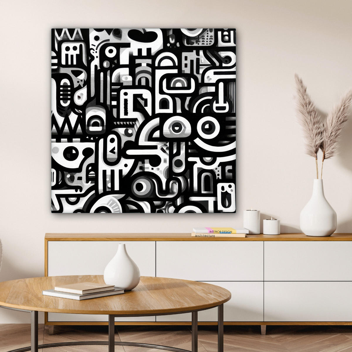 LEINWANDBILD Symbole - Abstrakt - Grafik - Schwarz Deko Groß 90x90 cm - Schwarz, Textil (90/90cm) - MuchoWow