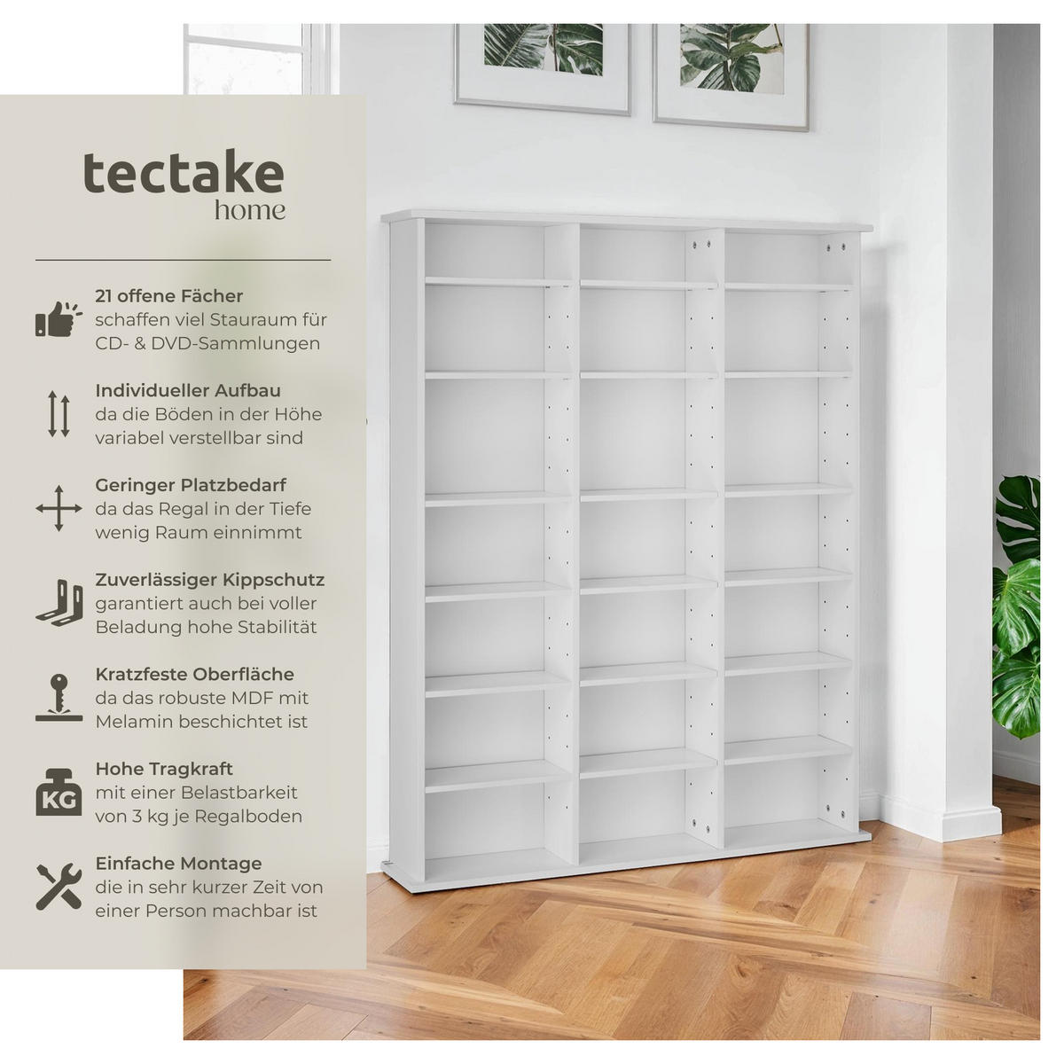 CD/DVD Regal Stevie,105,5 x 19 x 136,5 cm,weiß matt - Weiß, Holz (19/136.5/105.5cm) - tectake