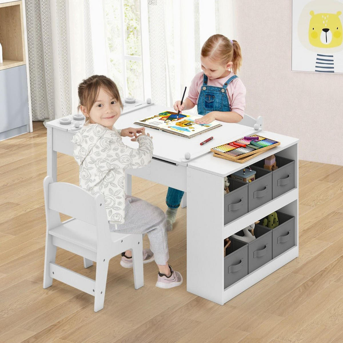 KINDERTISCH mit Stuhl weiß(3-tlg) - Weiß, Holzwerkstoff (109/55/60cm) - COSTWAY