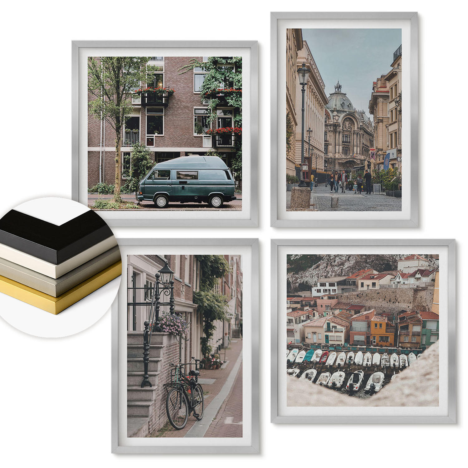WANDBILDER 4er Set - 50x50 cm & 40x60 cm Silberner Rahmen - Stadtansichten von Gebäuden - Silberfarben, Kunststoff (50/50cm) - ArtPrintCave
