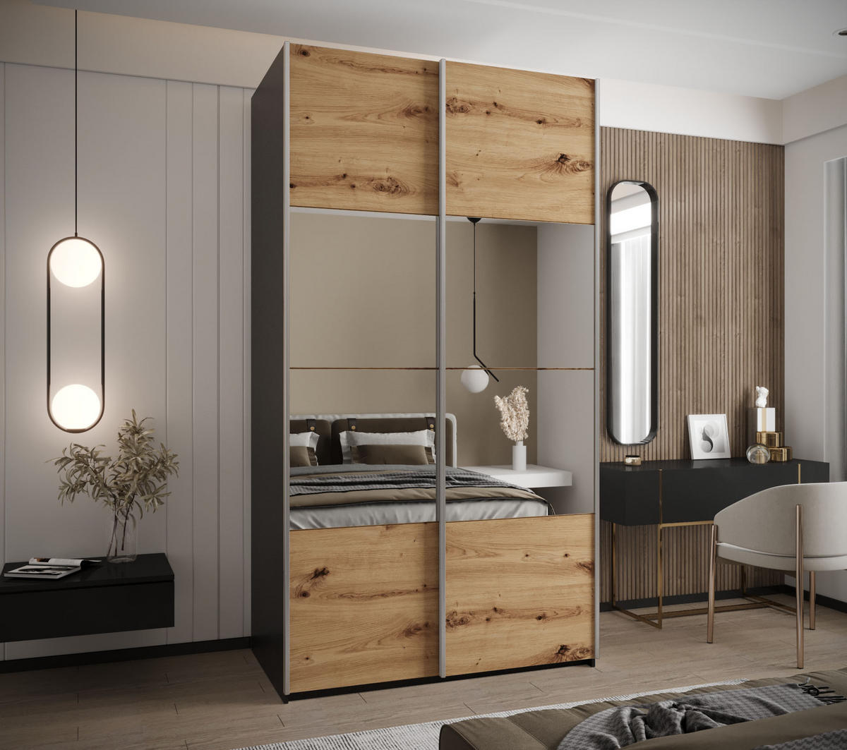 SCHWEBETÜRENSCHRANK 245,5/140/64 2-türig - Silberfarben/Schwarz, Holz/Metall (140/245/64cm) - Abiks Möbel
