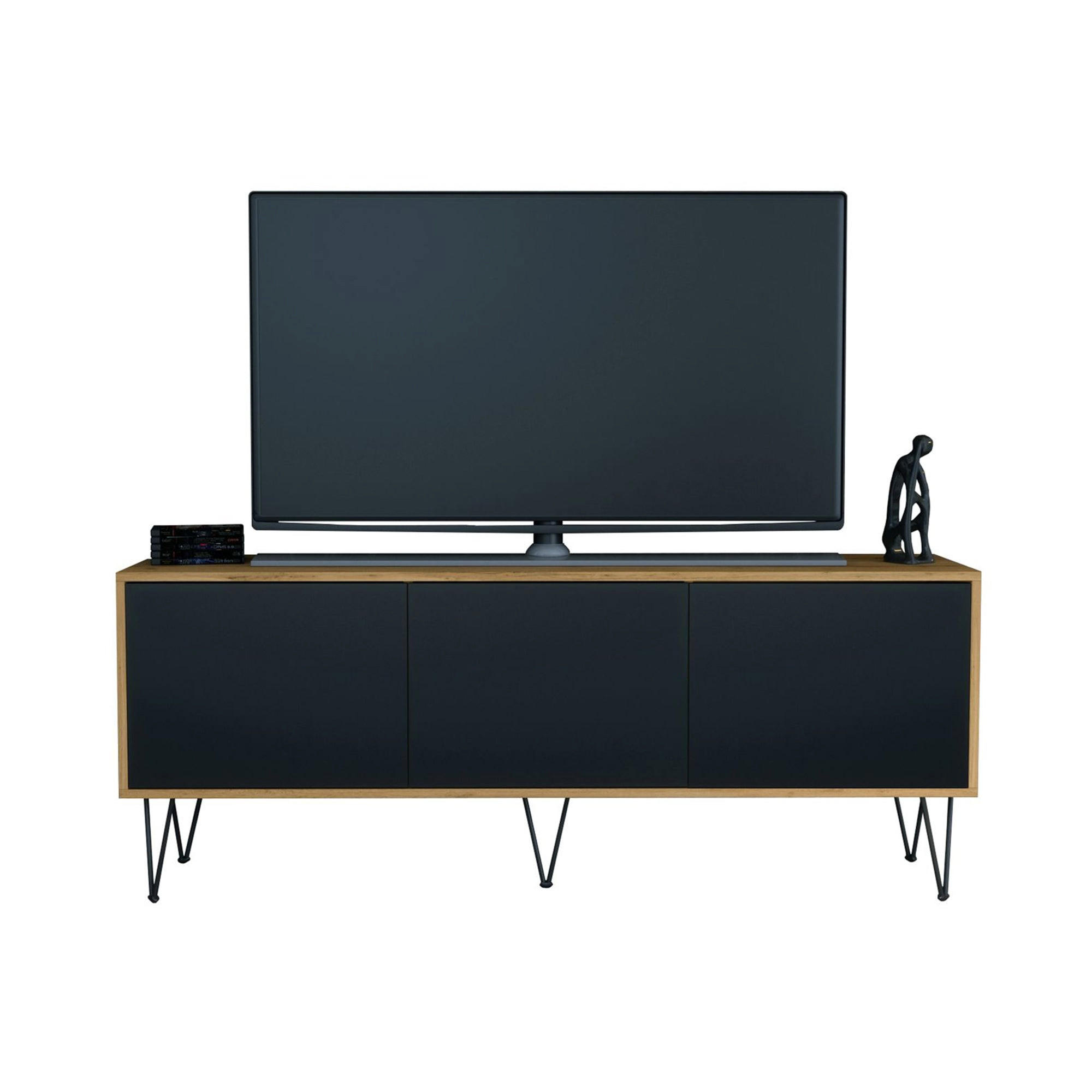 TV-BOARD Elisa, Lowboard mit Push-to-Open, Made in Germany, Moderner Fernsehschrank, Eiche Evoke/Schwarz matt (152,5 x 60,5 x 37 cm) - Schwarz, Holzwerkstoff (152.5/60.5/37cm) - InnoFurn