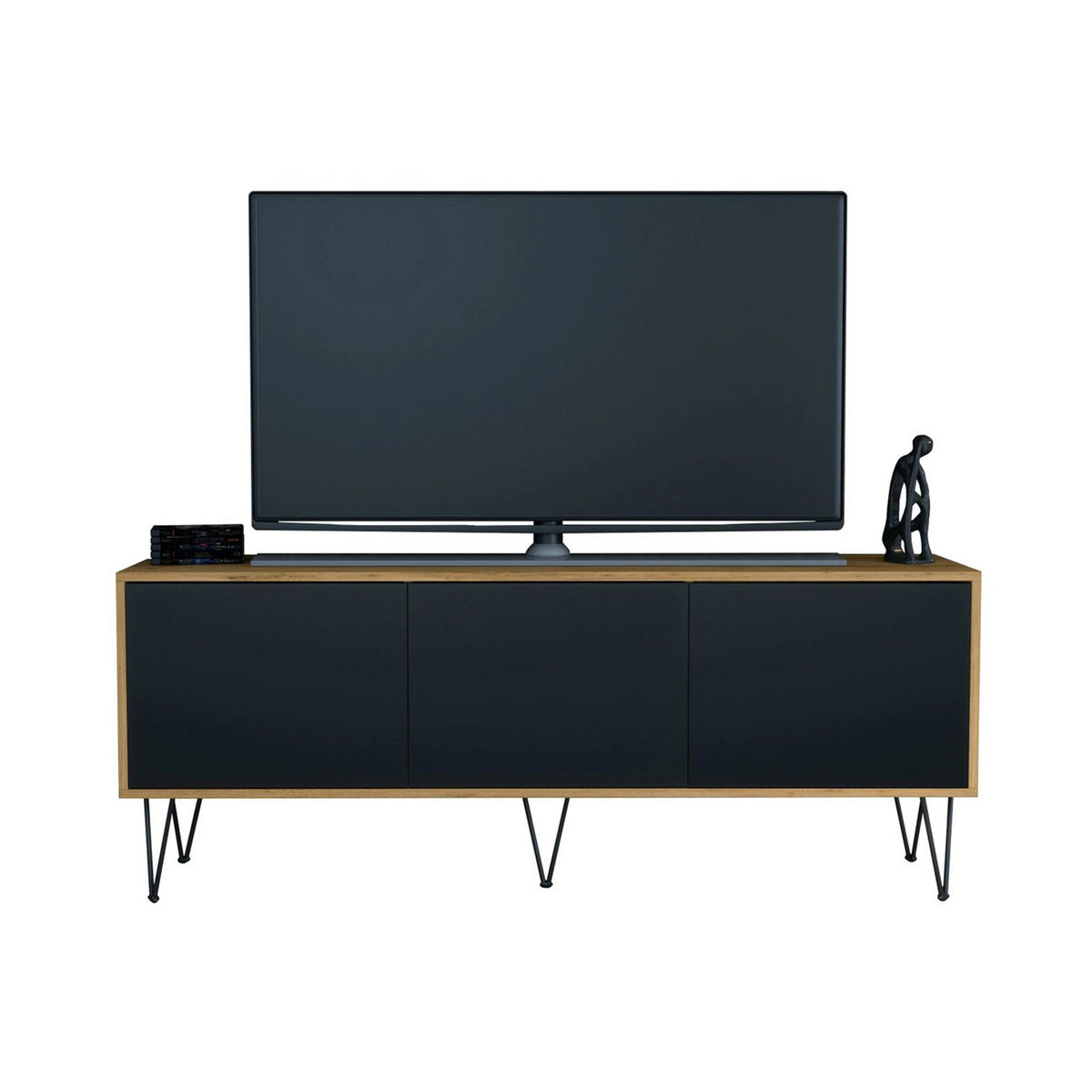 TV-BOARD Elisa, Lowboard mit Push-to-Open, Made in Germany, Moderner Fernsehschrank, Eiche Evoke/Schwarz matt (152,5 x 60,5 x 37 cm) - Schwarz, Holzwerkstoff (152.5/60.5/37cm) - InnoFurn