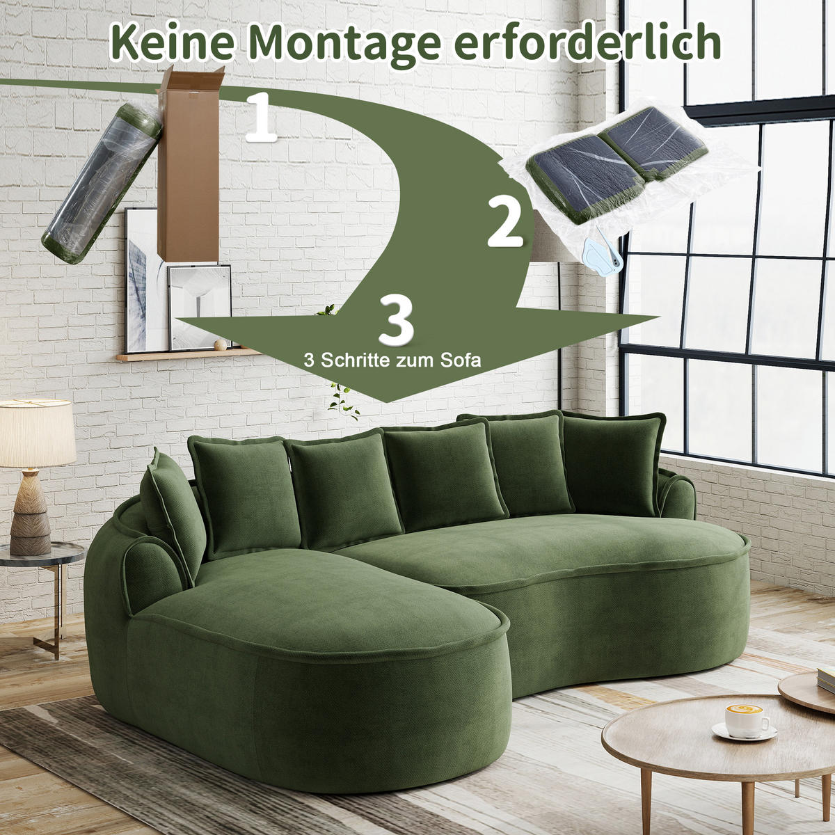 3-SITZER Sofa 252x164x67 cm aus Chenille-Stoff rahmenlos modular, grün - Grün, Textil (164/67/252cm)
