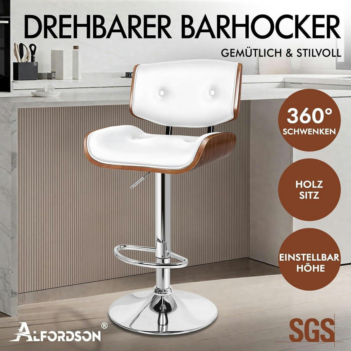 BARHOCKER Odette PU-Leder Weiß mit 360°-Drehung und Höhenverstellung - Weiß, Kunststoff (45/115.5/45cm)