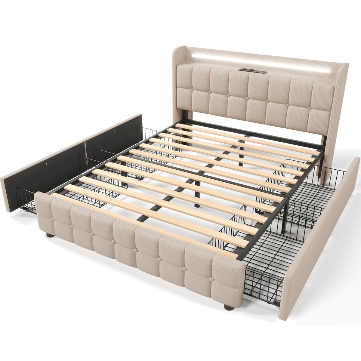 POLSTERBETT 160/200 cm mit LED-Beleuchtung, USB, 4 Schubladen und Matratze - Beige, Holz (160/200cm) - BEAOK