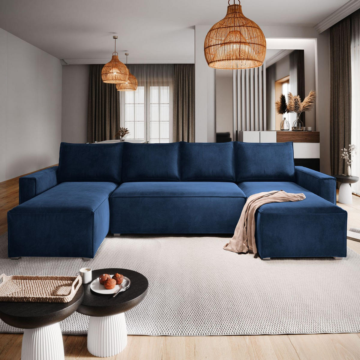 WOHNLANDSCHAFT DENI Blau Velours-Stoff mit Schlaffunktion - Blau, Holz (295/85/140cm) - MASSENO