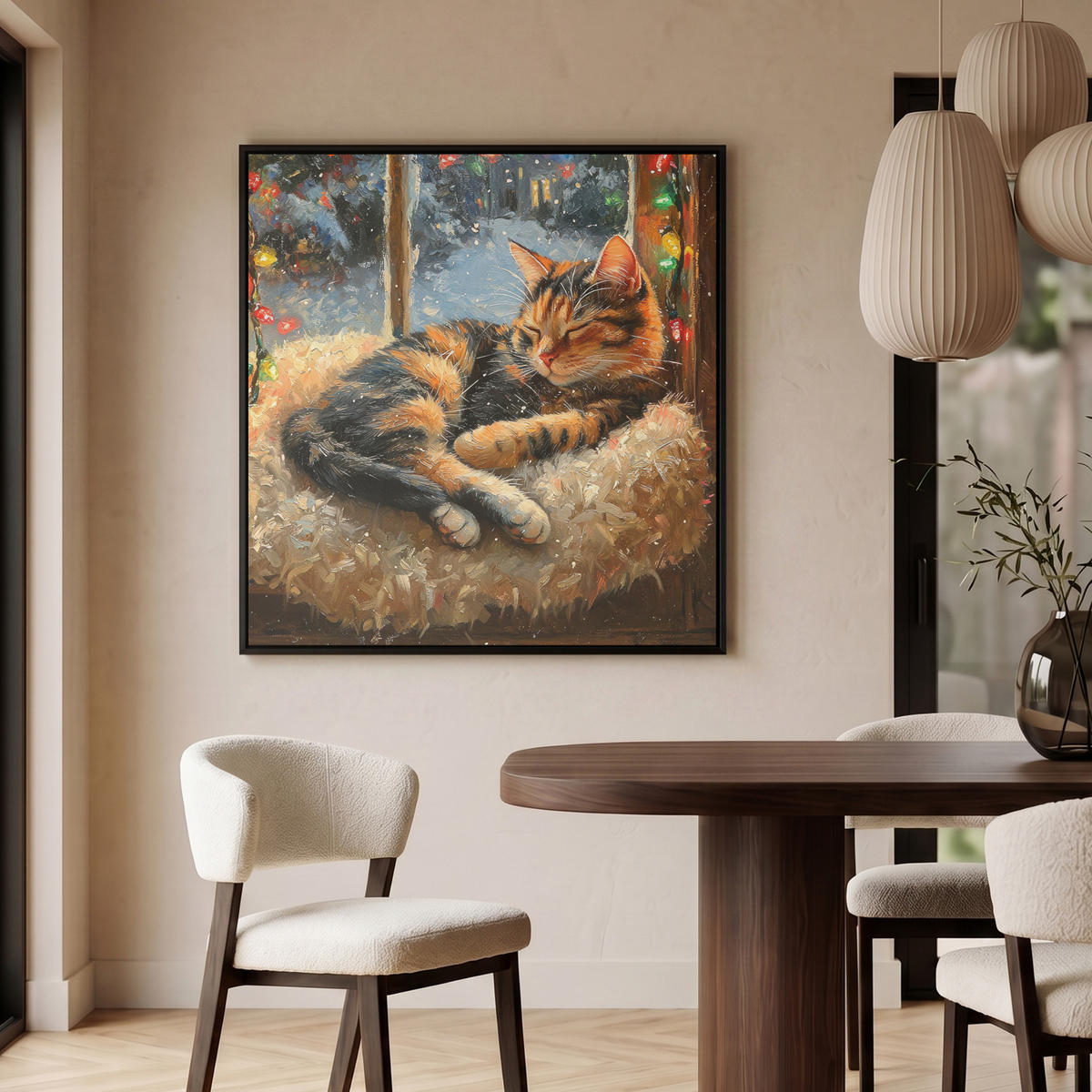 LEINWAND Bilder mit Rahmen - Katze - Weihnachten - Winter - Tier - 90x90 - Bernsteinfarben, Textil (90/90cm) - MuchoWow