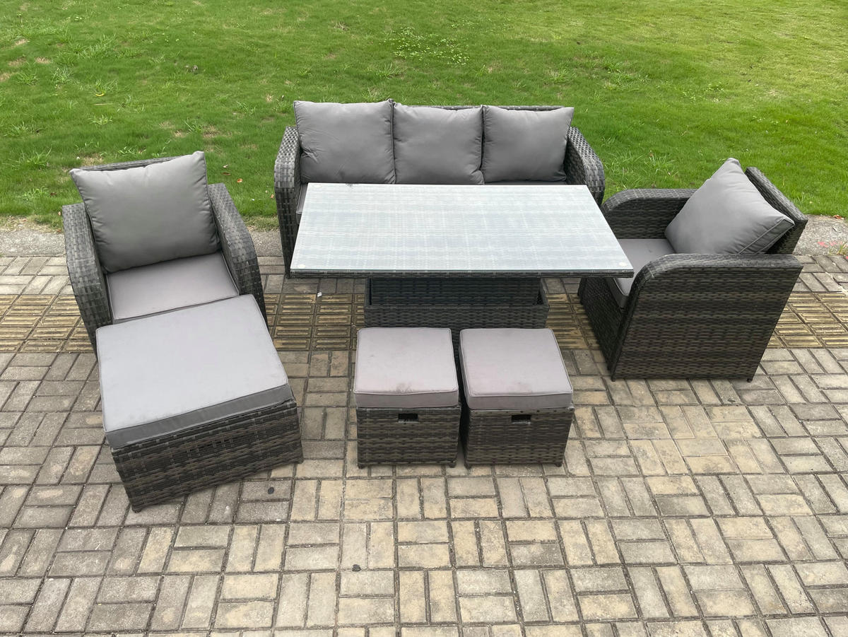 GARTENMÖBEL-SET HÖHENVERSTELLBARER ESSTISCH LOUNGE SOFA Polyrattan Outdoor 8-Sitzer - Dunkelgrau/Grau, Glas/Kunststoff - Fimous