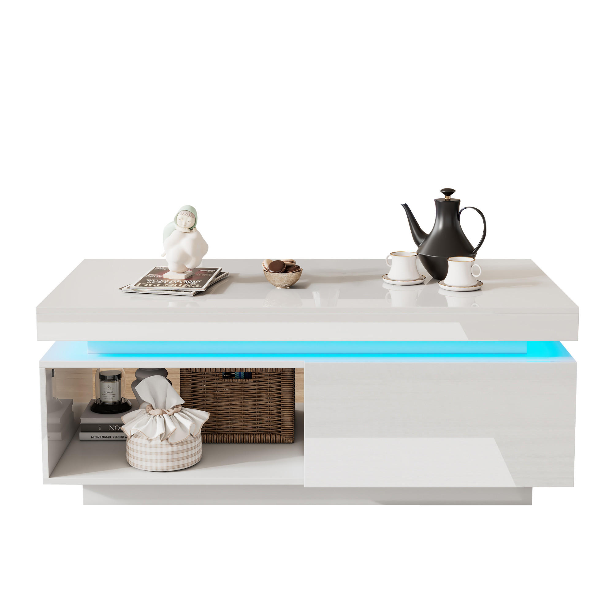 COUCHTISCH 100/50/40,3 cm weiß mit LED-Beleuchtung und Schublade - Weiß, Holzwerkstoff (100/50/40.3cm) - OKWISH