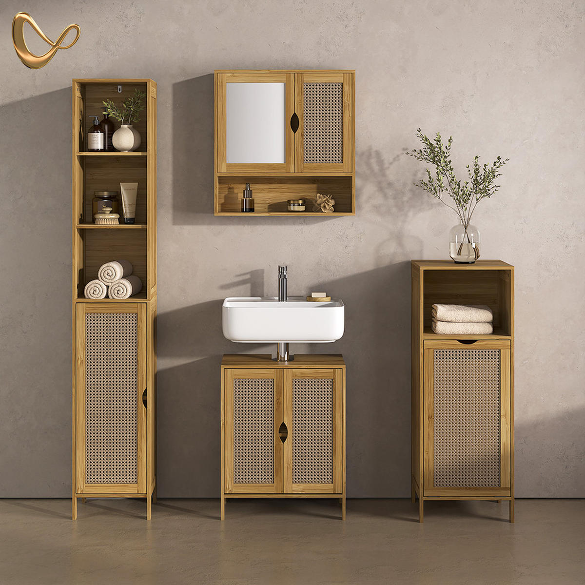 KOPALNIŠKA OMARICA Mincio, Bambus, 36 x 98 cm s košaro za perilo - naravne barve, leseni material (36/98/33cm) - Livinity®