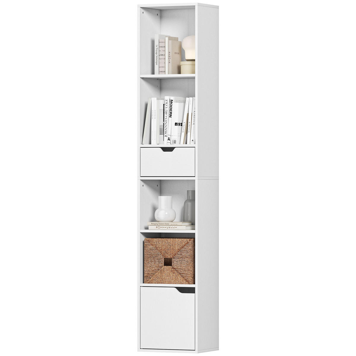BÜCHERREGAL DE-09378 6 Ebenen mit Schublade & Tür Weiß - Weiß, Holzwerkstoff (24/158/30cm) - ComfortXL