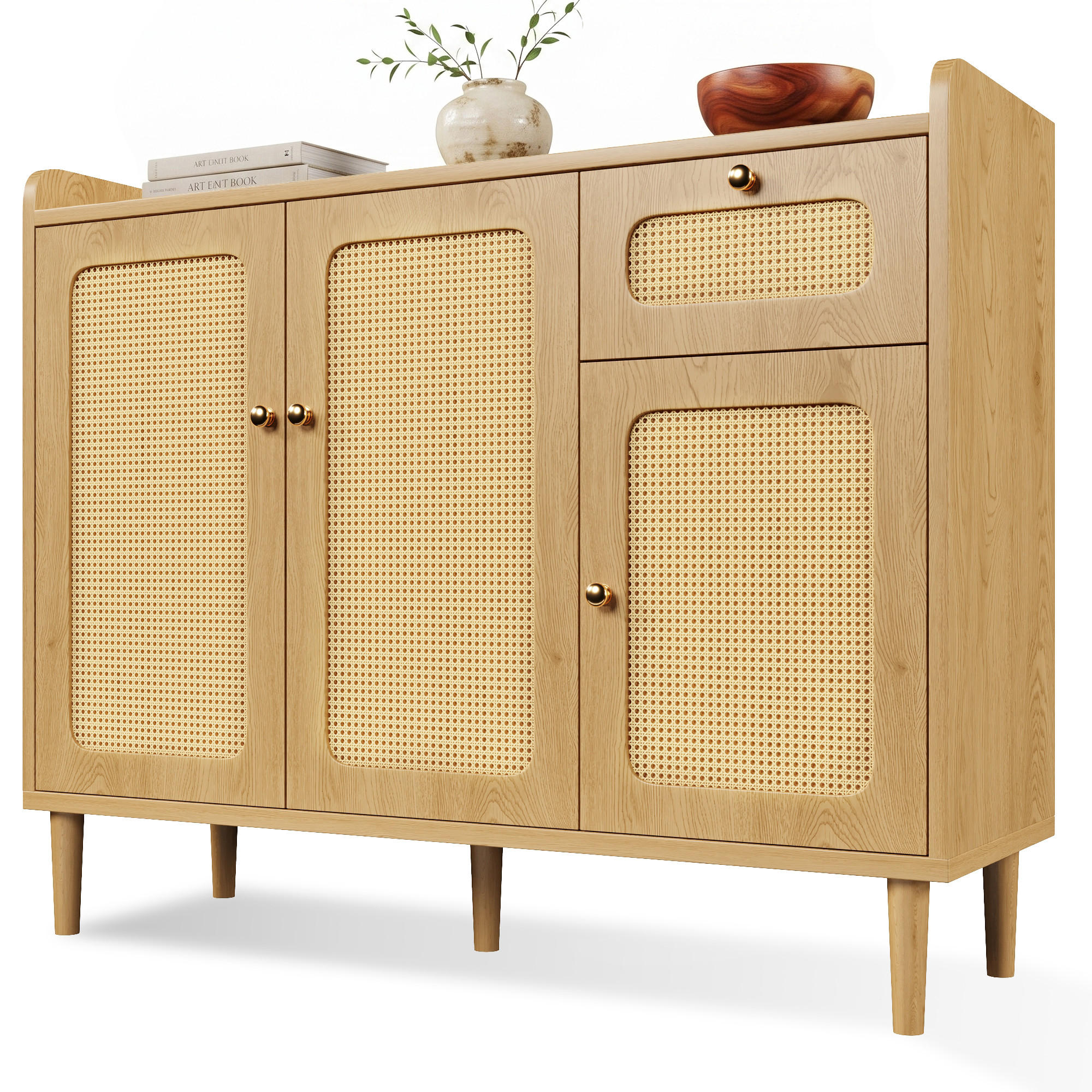 SIDEBOARD 120x40x91 cm Eiche mit Rattan und 3 Türen - Eichefarben, Holz (120/91/40cm) - FLIEKS
