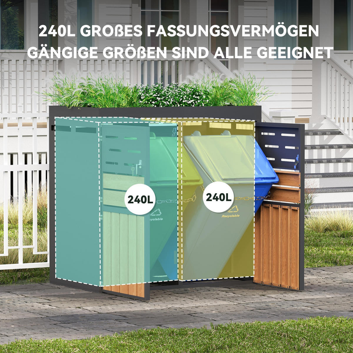 MÜLLTONNENBOX mit integriertem Pflanzkasten,Müllcontainer,Grau - Grau, Metall (133/128/80cm) - LVHOM