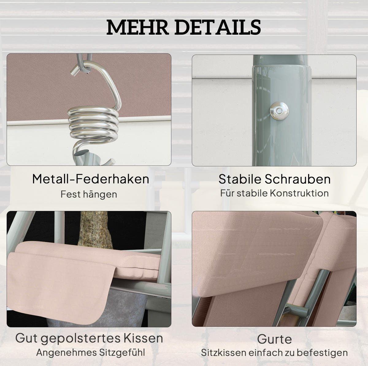 HOLLYWOODSCHAUKEL 175/112/165 cm mit verstellbarem Sonnendach und Becherhaltern, Beige - Beige, Textil (112/165/175cm) - Redom