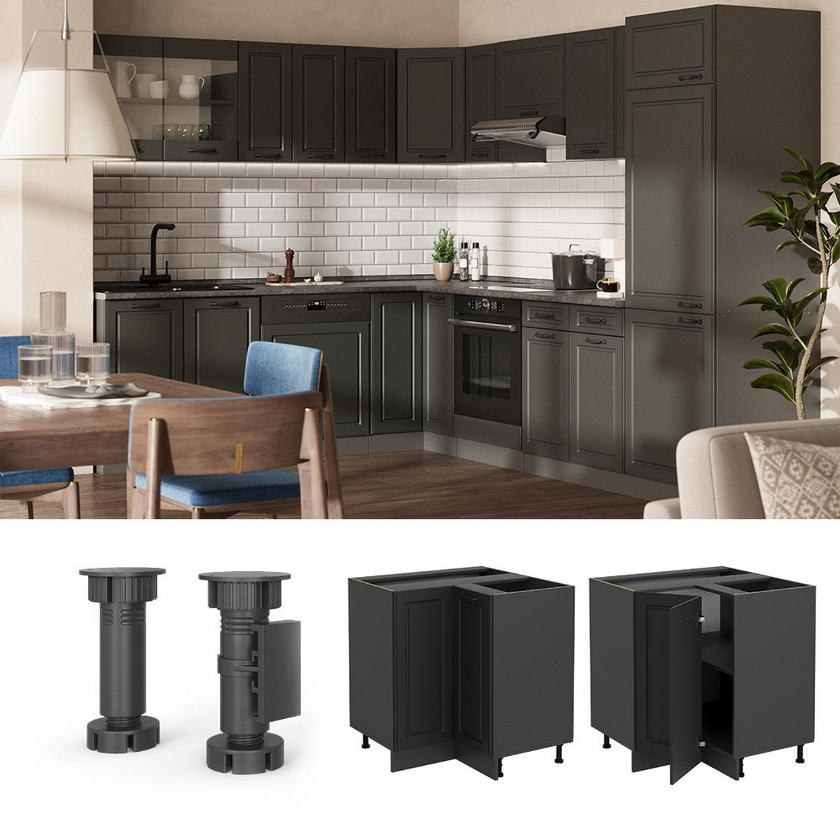 ECKUNTERSCHRANK R-Line Anthrazit Landhaus 75.6 cm , AP Eiche - Anthrazit, Holzwerkstoff (75.6/81.6/60cm) - Vicco