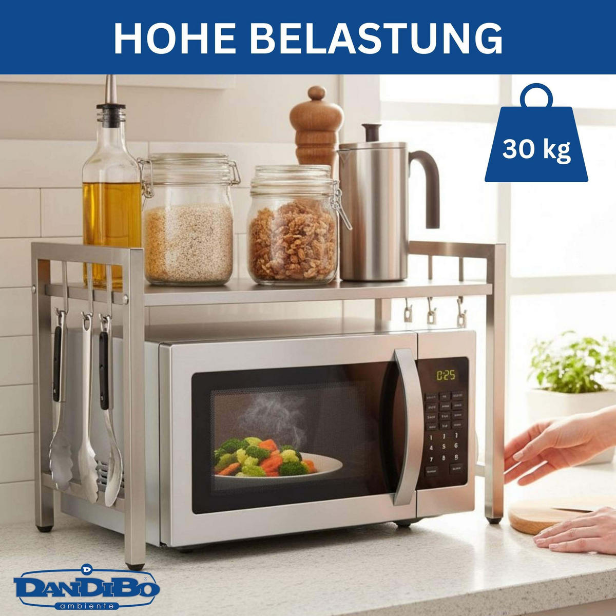 MIKROWELLENREGAL Edelstahl 2 Stufig 40-64 cm - Silberfarben, Metall (64/46/36cm) - DanDiBo