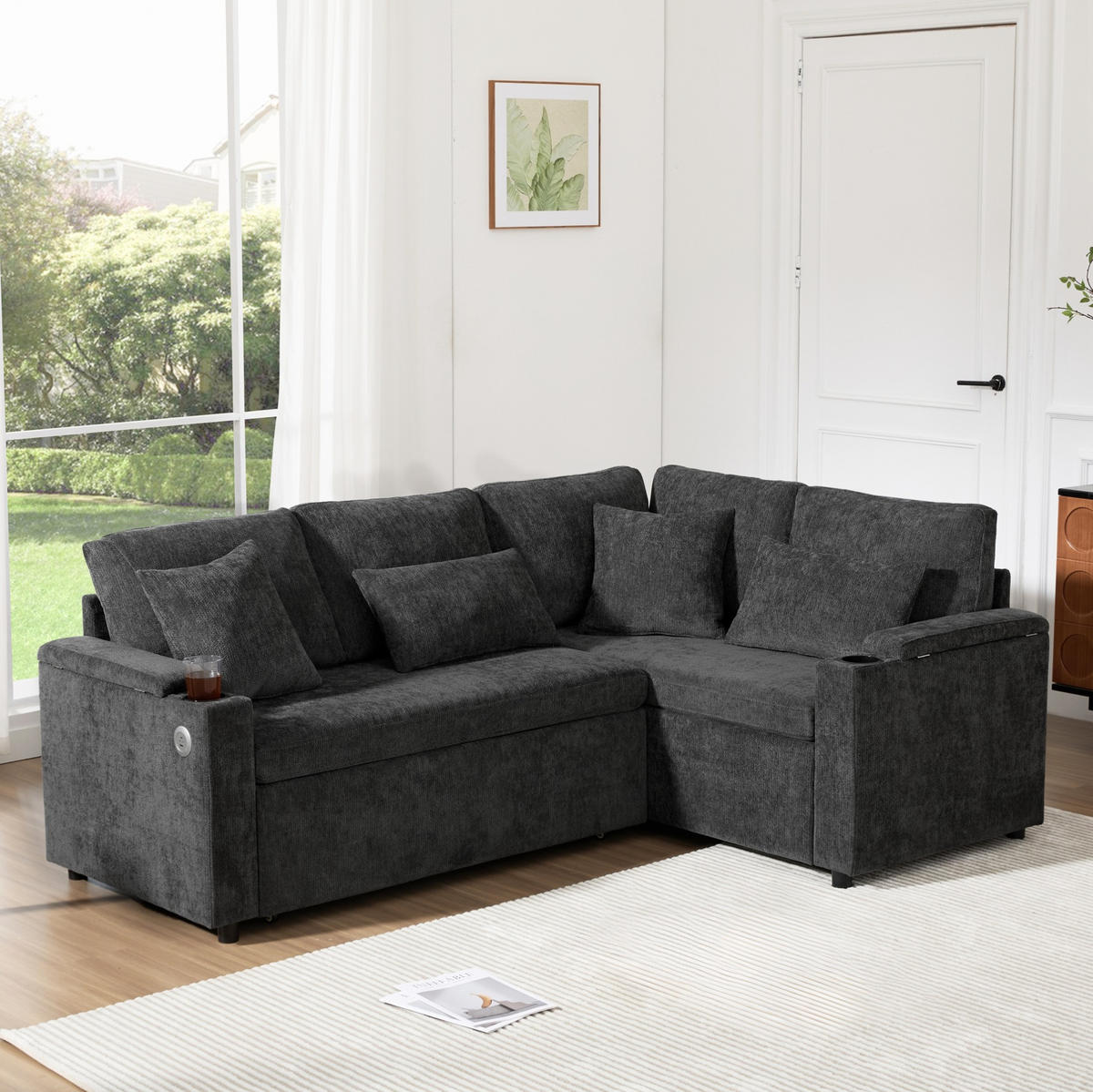 ECKSOFA 206,5/141/86 cm dunkelgrau aus Chenille mit Schlaffunktion - Dunkelgrau, Textil (141/206.5cm) - OKWISH