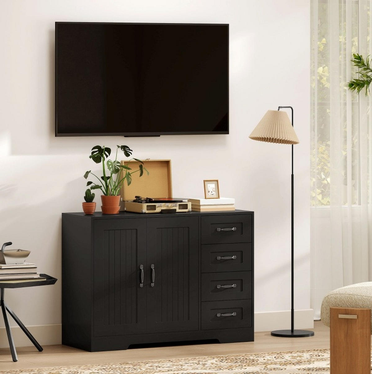 SIDEBOARD 105/40/76 cm in Schwarz mit 4 Schubladen und verstellbarem Einlegeboden - Schwarz, Holz (105/76/40cm) - Flora Grace