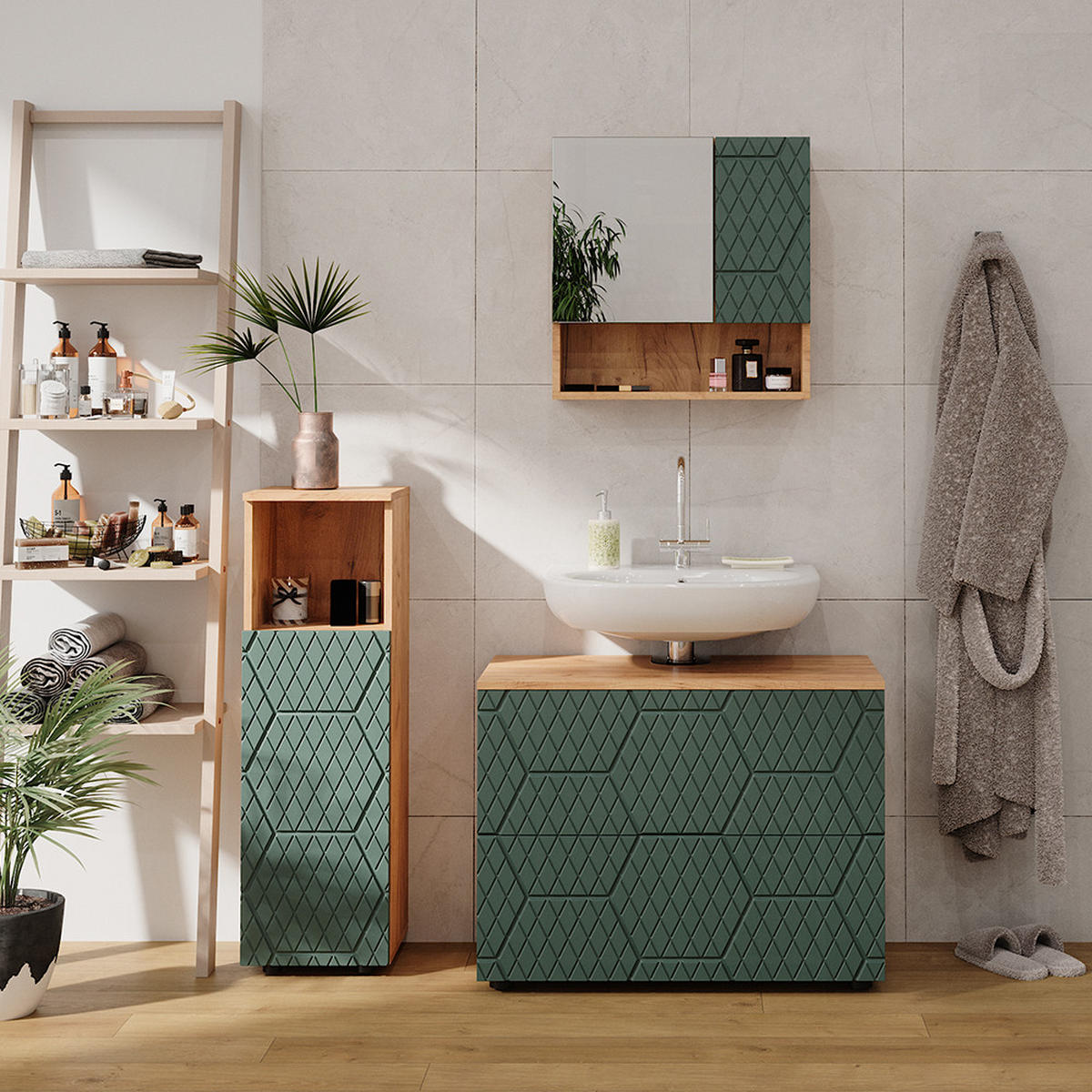 BADMÖBEL-SET Irma Grün 3 Teile, mit Midischrank - Eiche Wotan/Grün, Holzwerkstoff (80/58.6/41cm) - Vicco