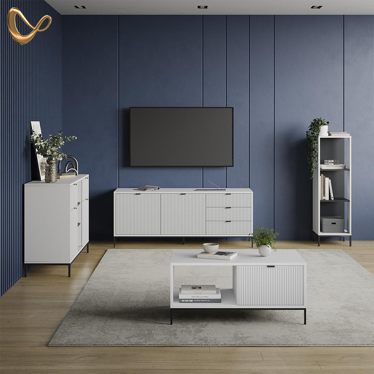 LOWBOARD Aterno Weiß 150 x 60 cm mit 3 Schubladen, 2 Türen - Weiß, Holzwerkstoff (150/60/42cm) - Livinity®