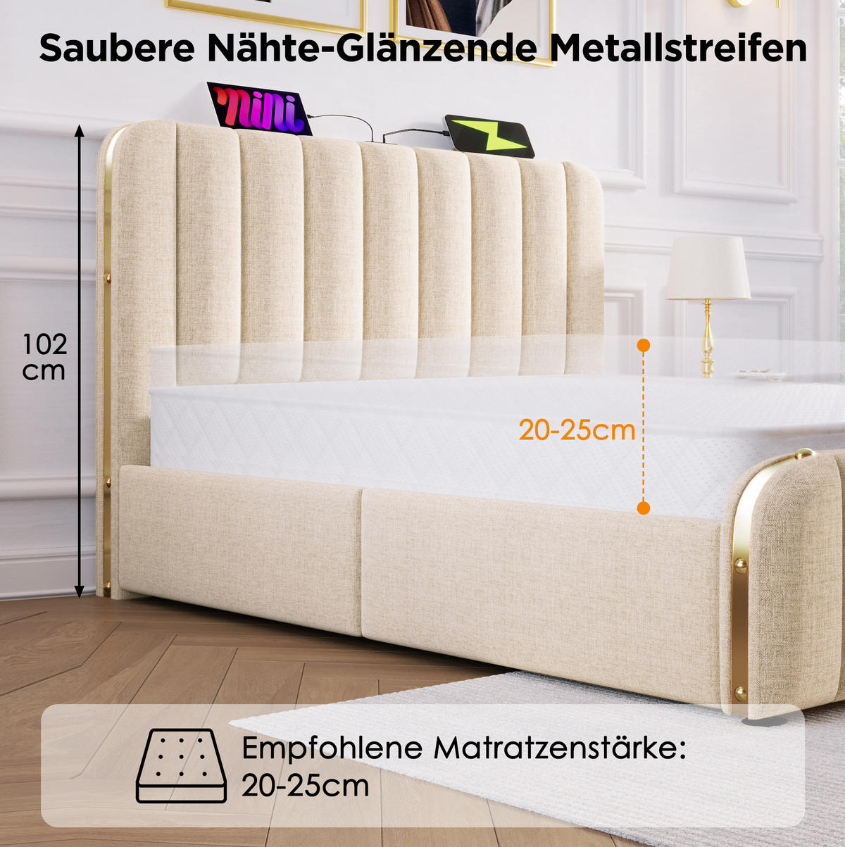 POLSTERBETT 180/200 cm Beige aus Leinen mit 4 Schubladen - Beige, Textil (180/200cm) - OKMYHOME