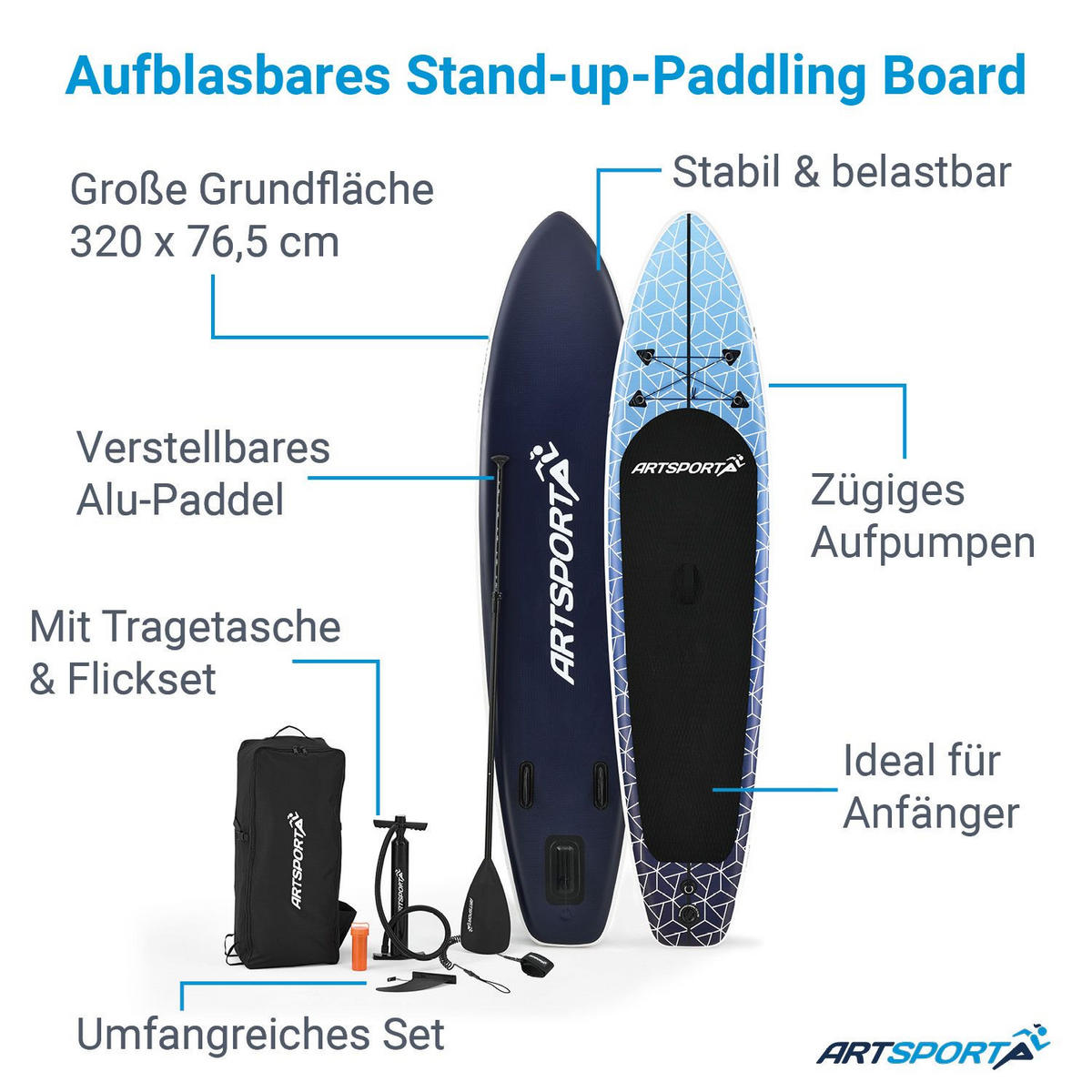 STAND UP Paddle Board Deep Ocean aufblasbar mit Tasche & Zubehör - Blau, Kunststoff (320/76.5/15cm) - Artsport