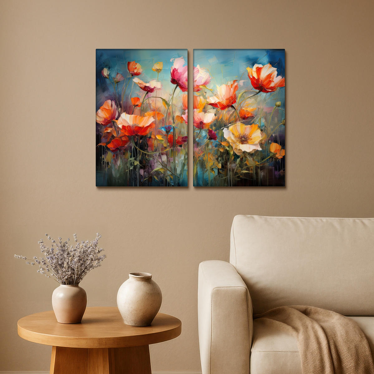 LEINWANDBILD 2er Set Blumen - Bunt - Abstrakt 80x60 cm - Blaugrau, Textil (80/60cm) - MuchoWow