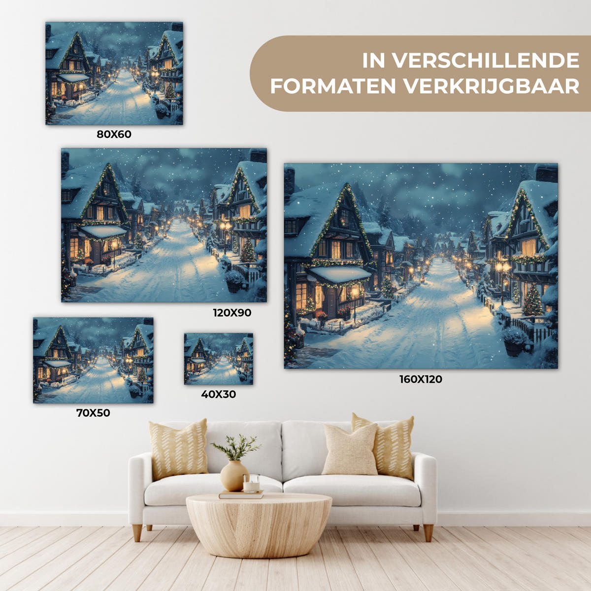 LEINWANDBILD Weihnachtsdorf - Weihnachten - Schnee - Winter Wandbild 40x30 cm - Dunkelblau, Textil (40/30cm) - MuchoWow