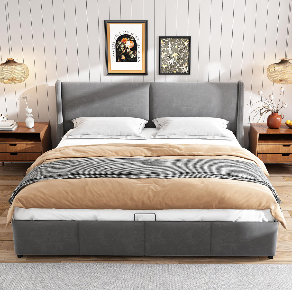 POLSTERBETT 180/200 cm Grau mit Stauraum und Lattenrost aus Samt - Grau, Textil (180/200cm) - OKWISH