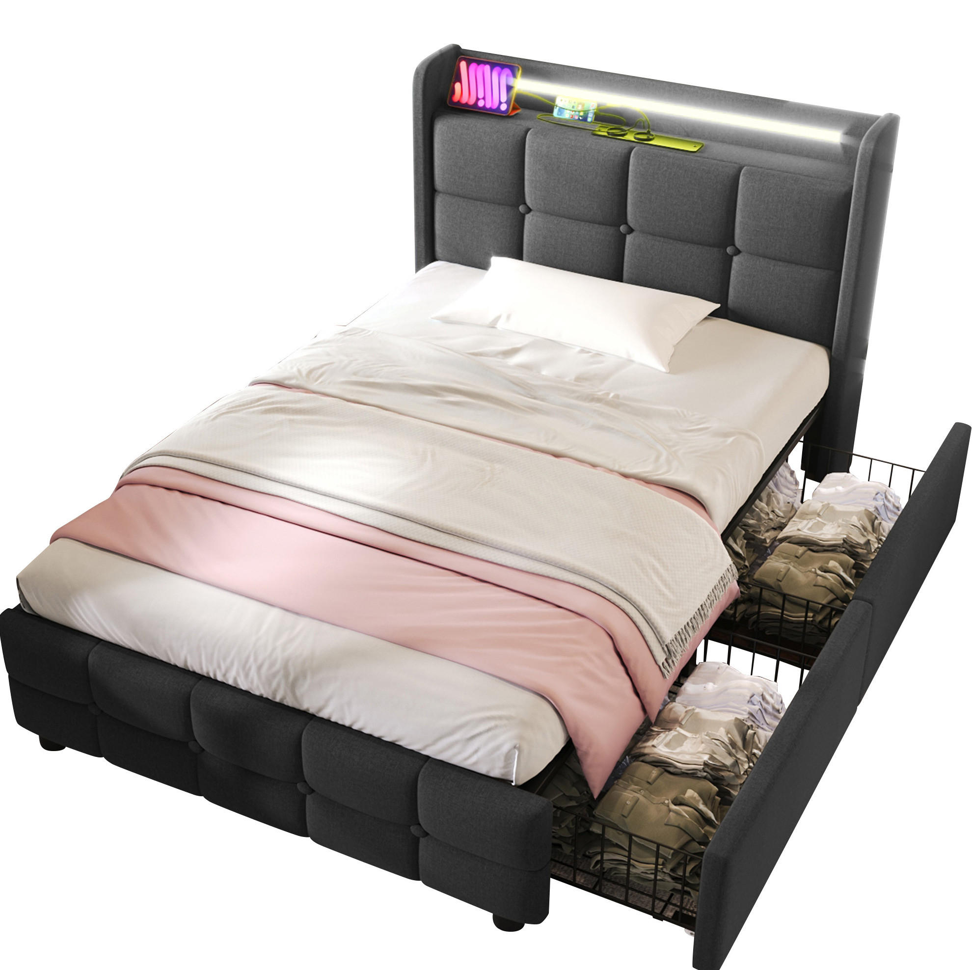 POLSTERBETT 90/200 cm Grau aus Holz mit LED-Beleuchtung - Grau, Holz (90/200cm) - OKMYHOME