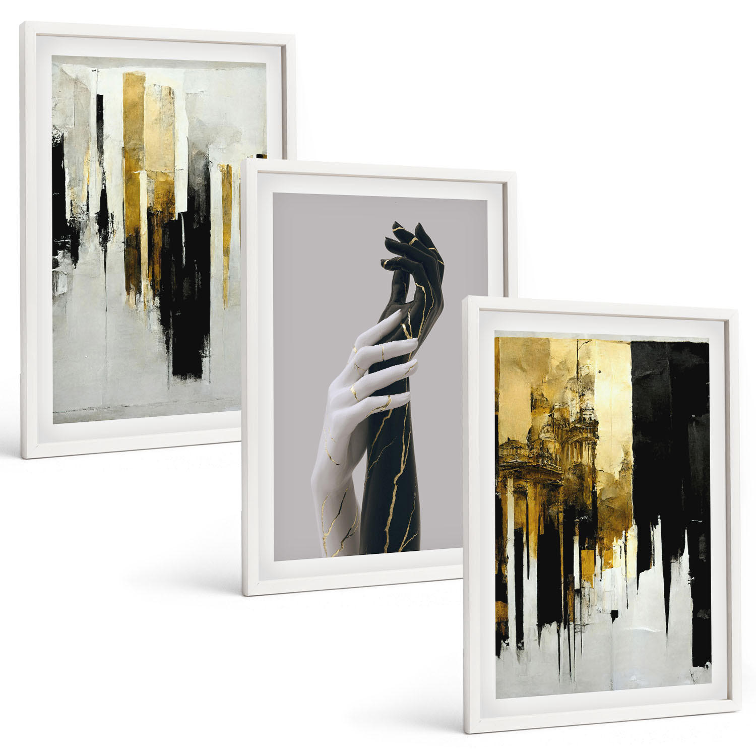 BILDER SET 3er Set - 40x60 cm Weißer Rahmen - Abstrakte handgemalte Muster - Weiß, Kunststoff (40/60cm) - TULUP