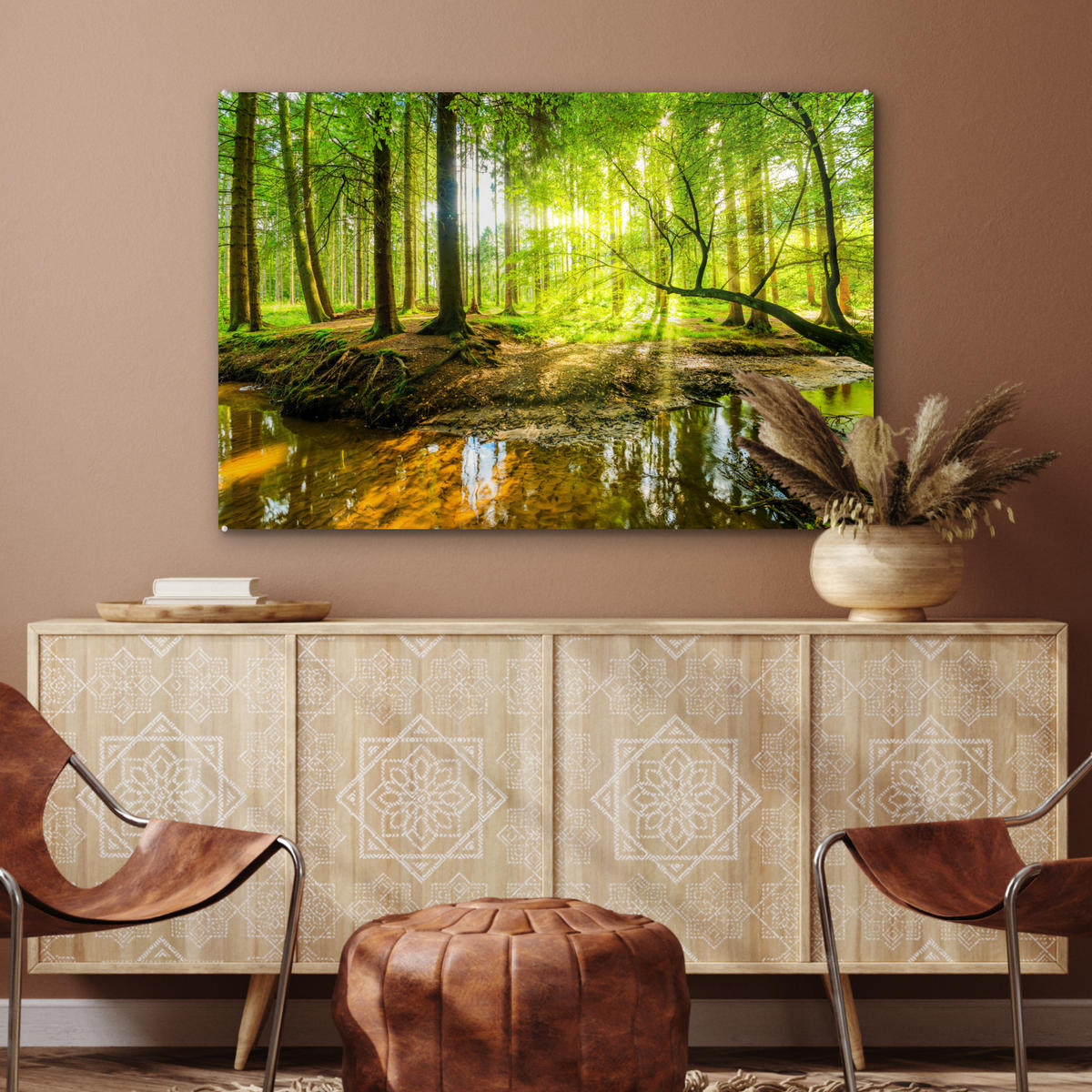 ACRYLGLASBILD Wald - Landschaft - Wasser - Bäume - Sonne - Grün - Natur 120x80 cm - Grün, Glas (120/80cm) - MuchoWow