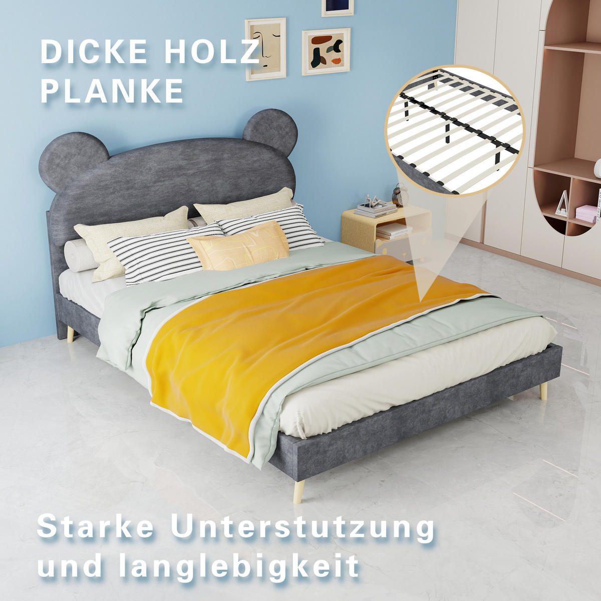 KINDERBETT 140/200 cm in Grau mit gepolstertem Kopfteil Stoff Modernes Design - Naturfarben/Grau, Holzwerkstoff/Textil (140/200cm) - STILVORA