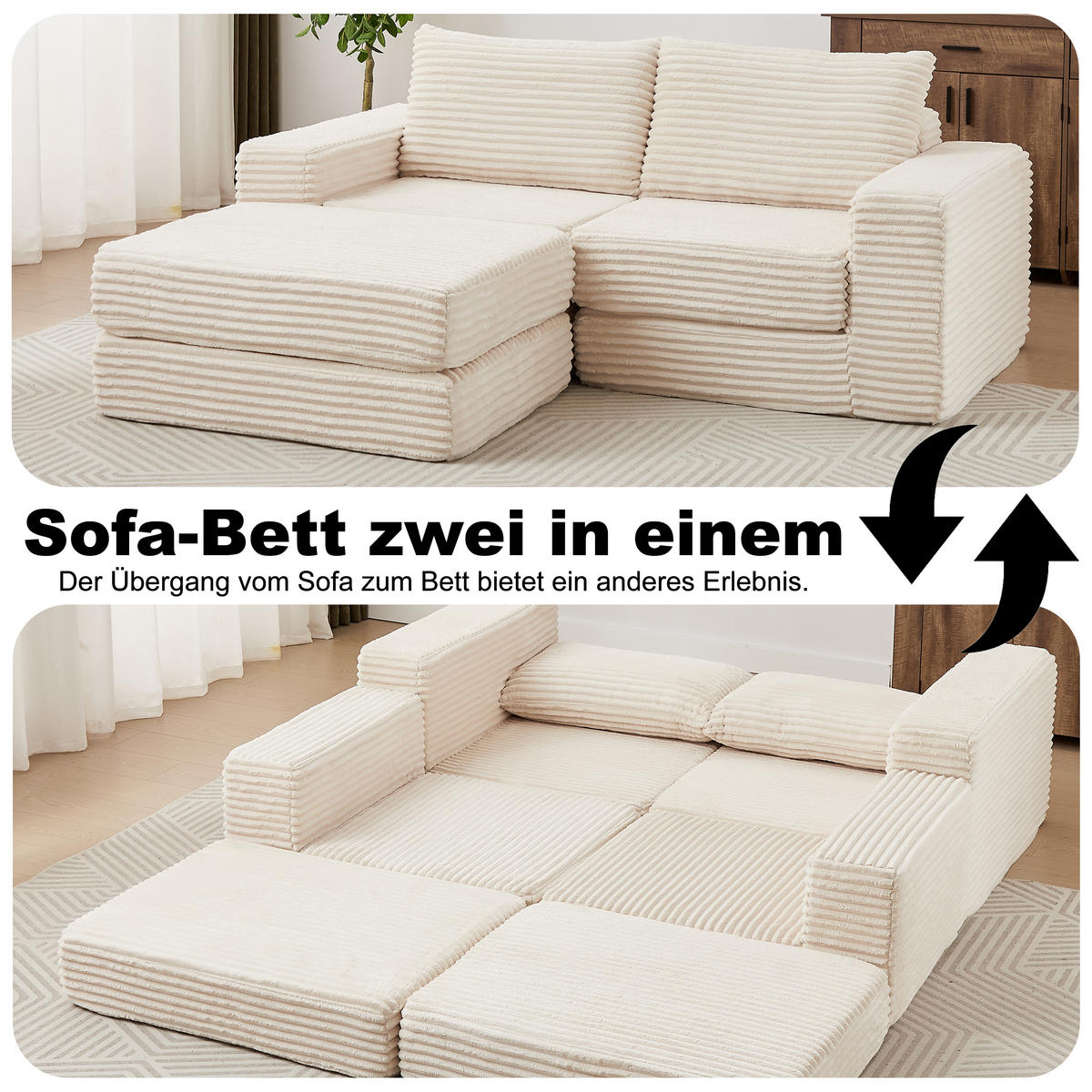 ECKSOFA DE-34544 2-in-1 mit Fußstütze und Kissen Beige - Beige, Textil (169.5/194cm) - ComfortXL