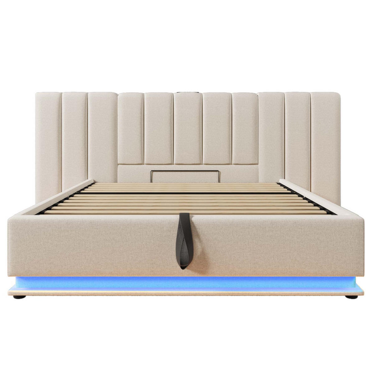 BETT mit Stauraum und LED 160x200 cm Leinen Beige - Beige, Metall (160/200cm) - Meubliv