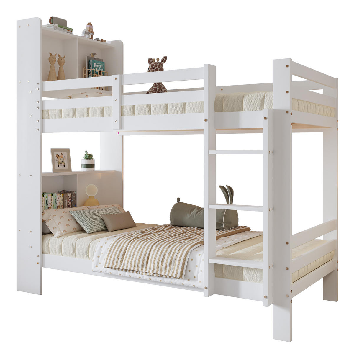 ETAGENBETT 90/200 cm Weiß mit Regalen und sicherer Leiter aus Massivholz - Weiß, Holzwerkstoff (90/200cm) - OKWISH