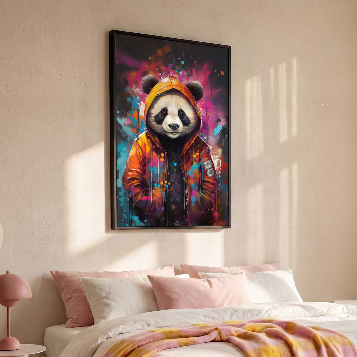LEINWAND Bilder mit Rahmen - Panda - Jacke - Graffiti - Orange - 80x120 - Orange, Textil (80/120cm) - MuchoWow