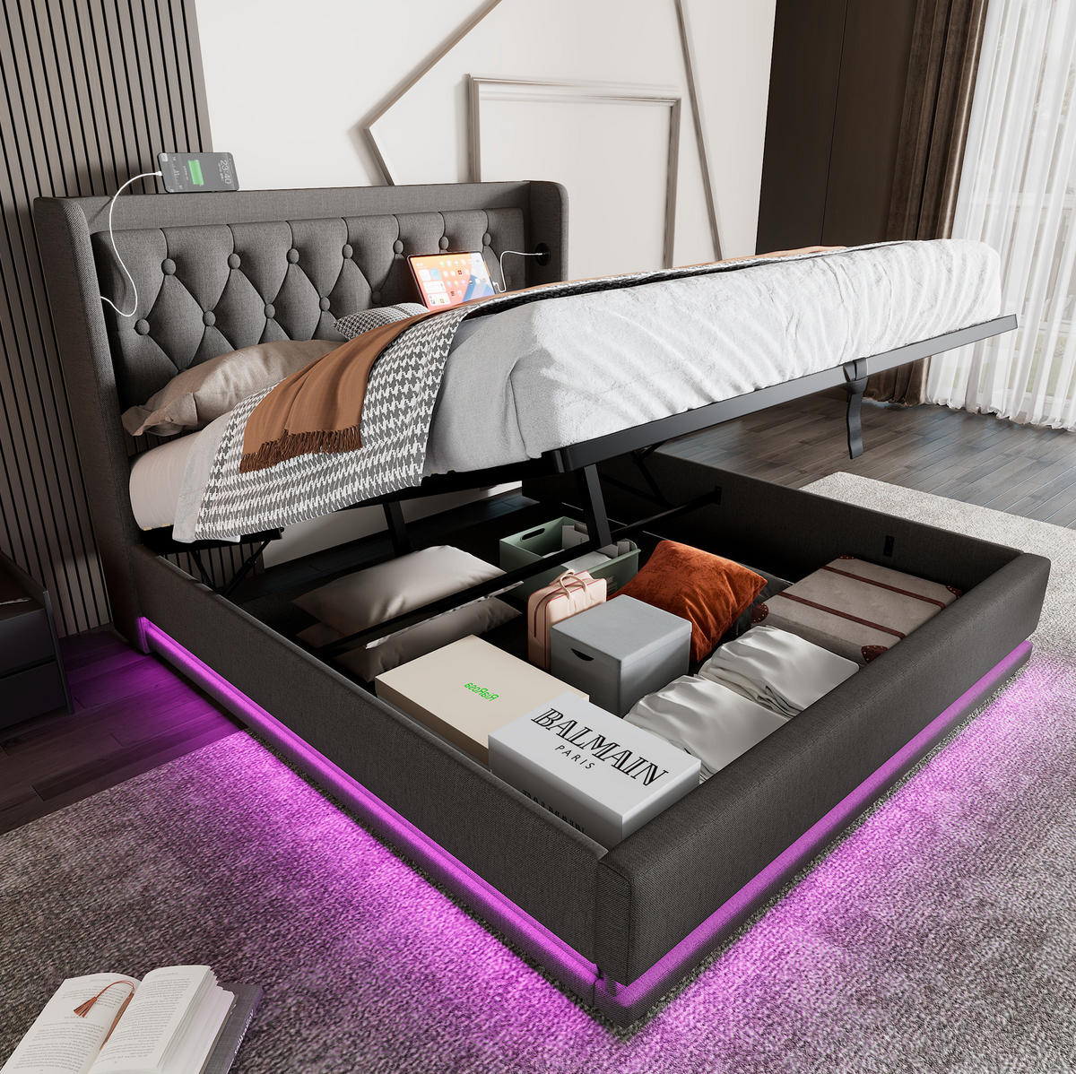 BETT mit Stauraum 140x200 cm Baumwolle Grau mit USB, Typ-C und LED - Grau, Metall (140/200cm) - Meubliv
