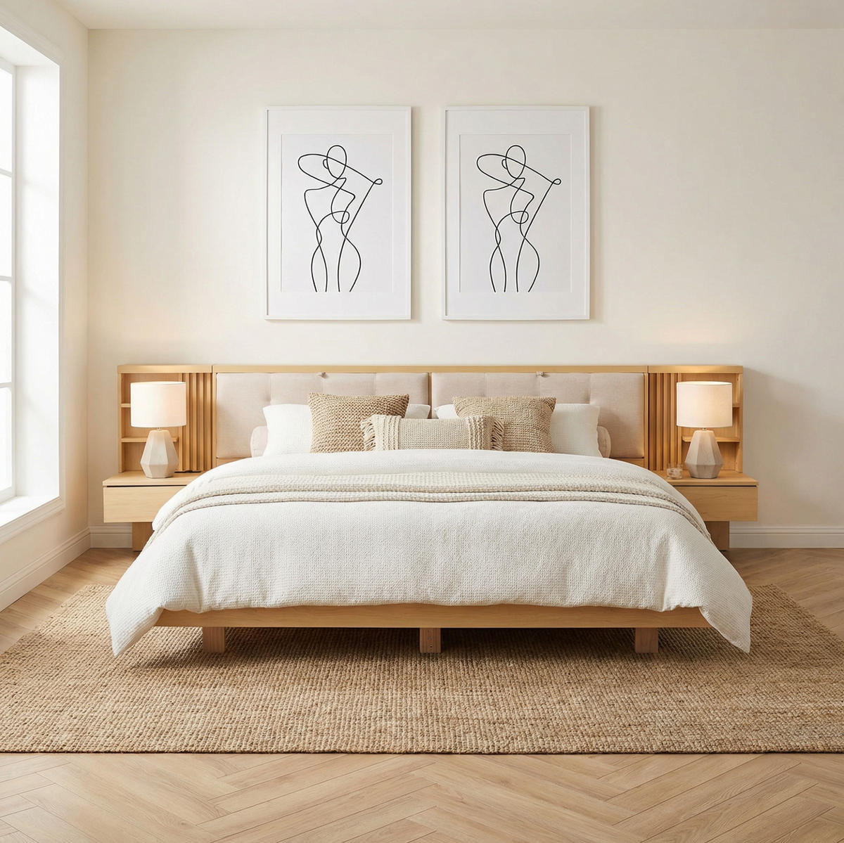 POLSTERBETT 180/200 cm mit Stauraum-Kopfteil, USB-Anschluss und Schubladen, Natur - Naturfarben, Holzwerkstoff (180/200cm) - Redom
