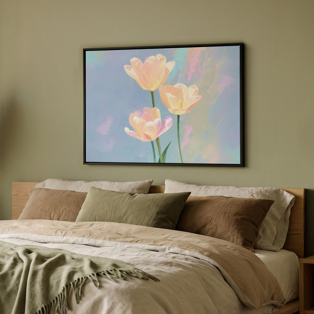 LEINWAND Bilder mit Rahmen - Tulpen - Rosa Akzente - Blau - 80x60 - Pastellblau, Textil (80/60cm) - MuchoWow