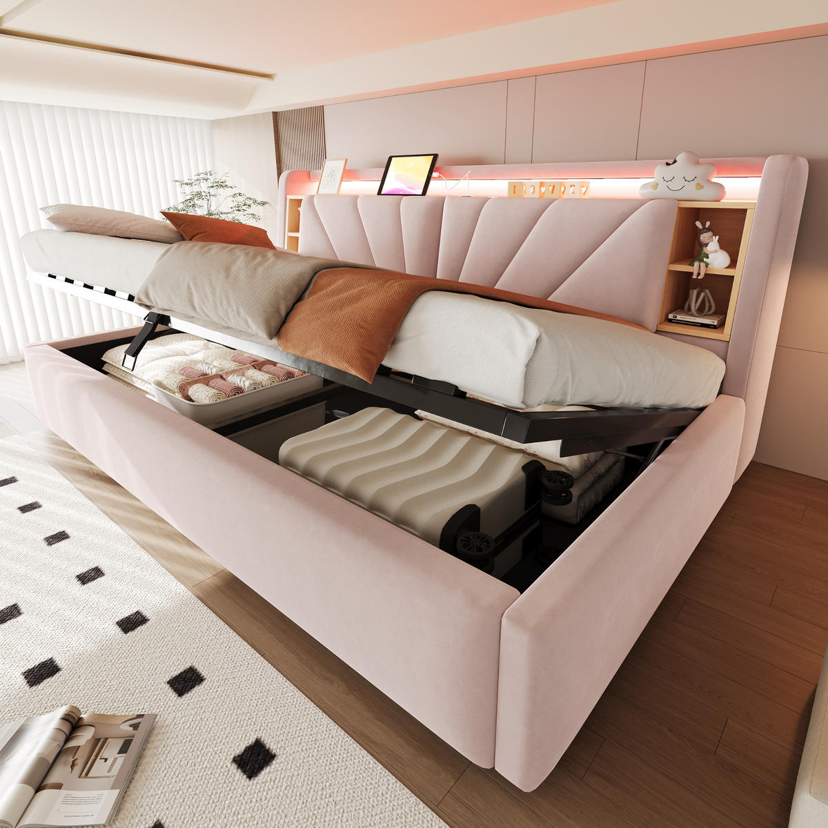 POLSTERBETT 90*200 cm mit LED, USB und Stauraum, Rosa - Pink, Textil (90/200cm) - FLIEKS