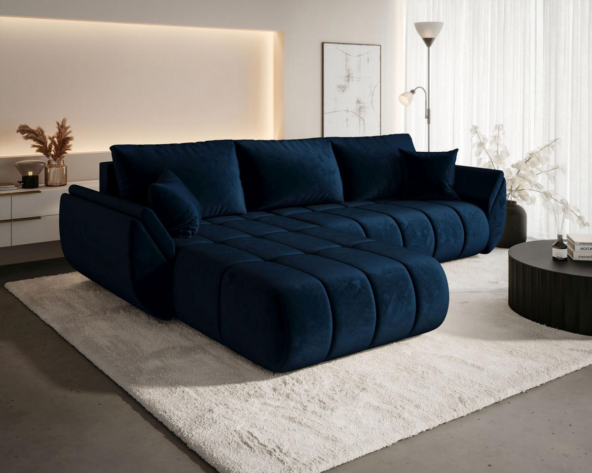 ECKSOFA SYDNEY PREMIUM links dunkelblau Velours Monolith 77 - Schlaffunktion, Bettkasten - Dunkelblau, Textil (280/184cm) - Cornero