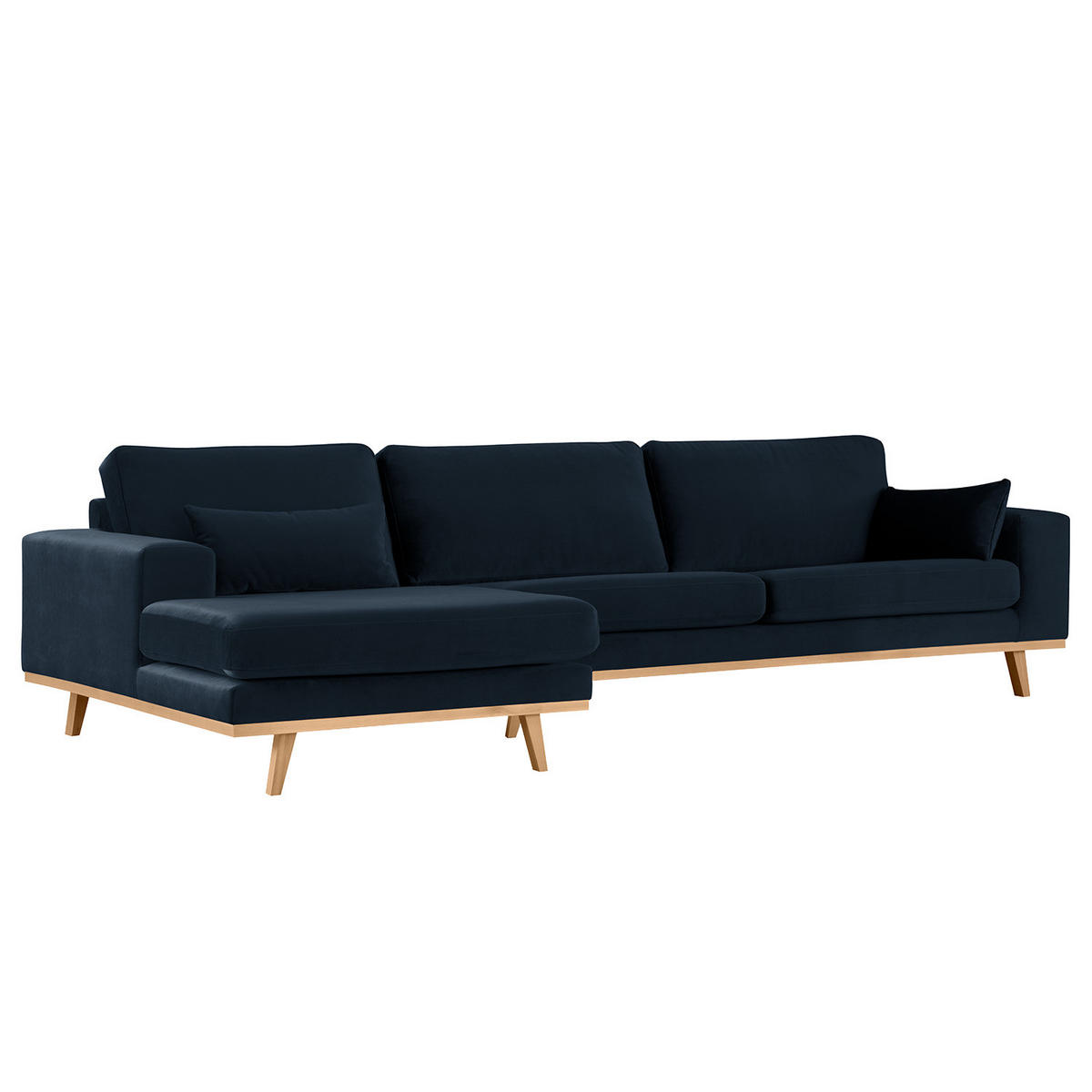 ECKSOFA mit Longchair - Buchefarben/Dunkelblau, Buchenholz/Textil (281/153cm) - home24