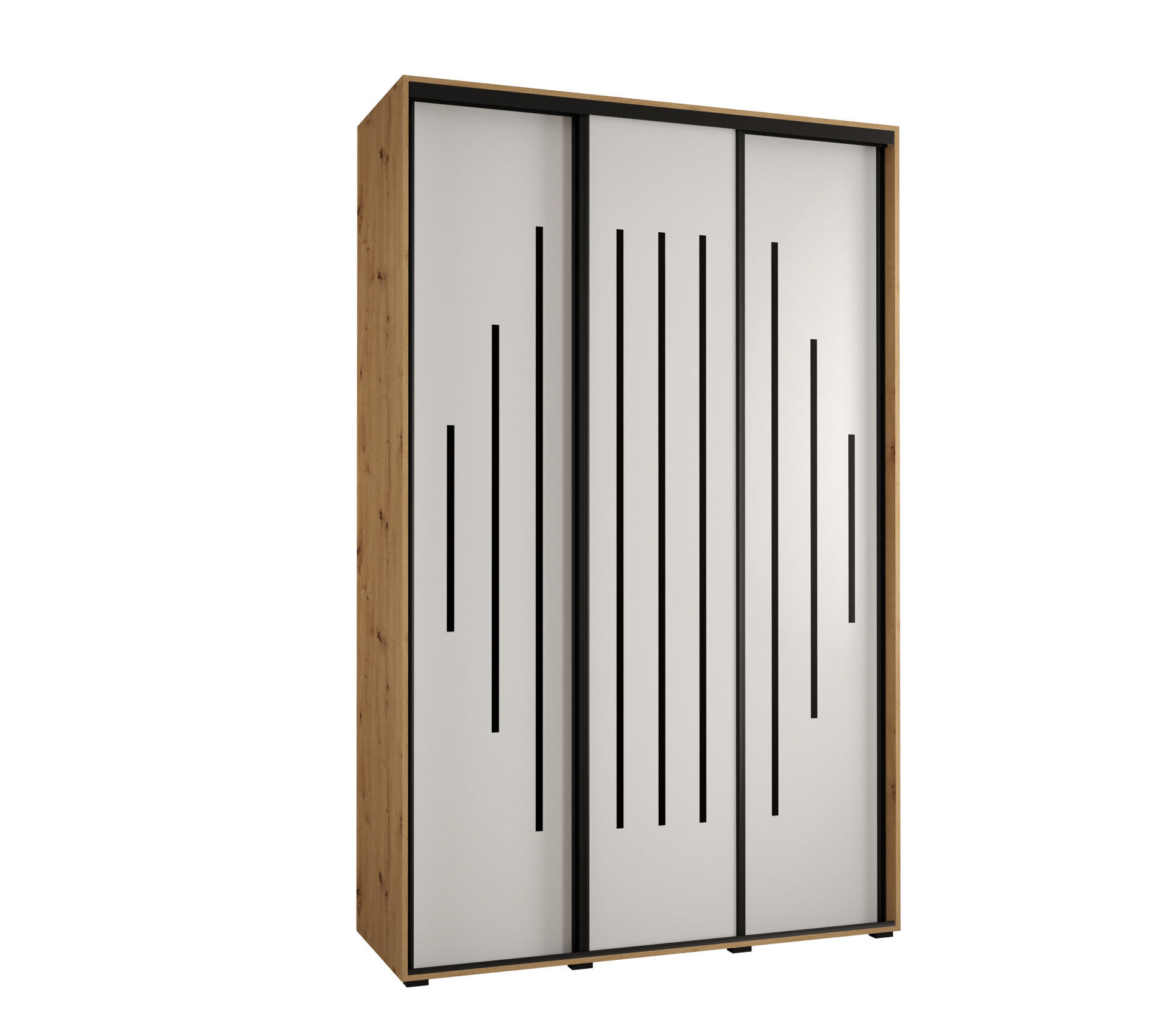 Abiks Möbel Schwebetürenschrank Eiche Artisan, Weiß, Schwarz 150x235x45 cm