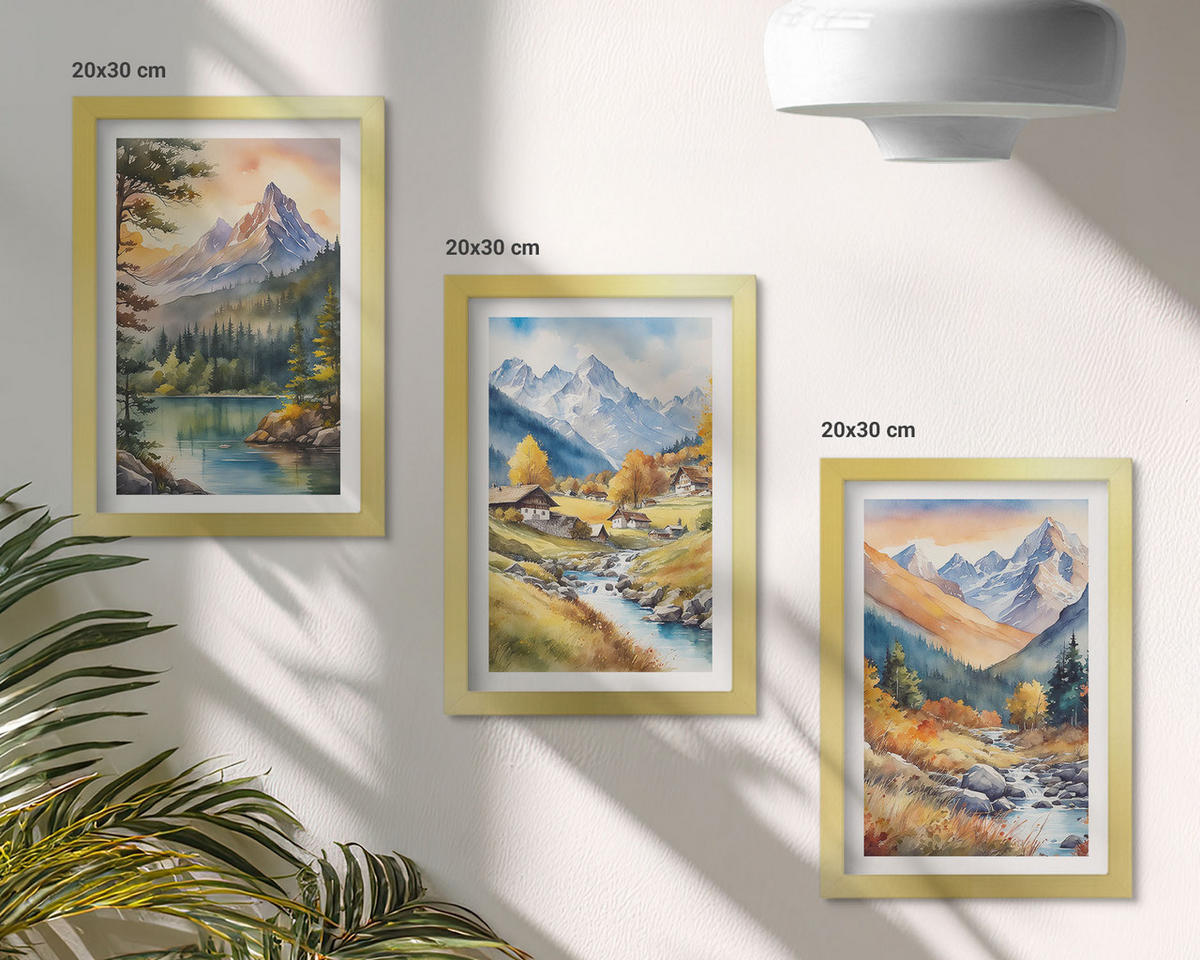 BILDER SET 3er Set - 20x30 cm Goldrahmen - Berglandschaft mit einem Fluss - Goldfarben, Kunststoff (20/30cm) - TULUP