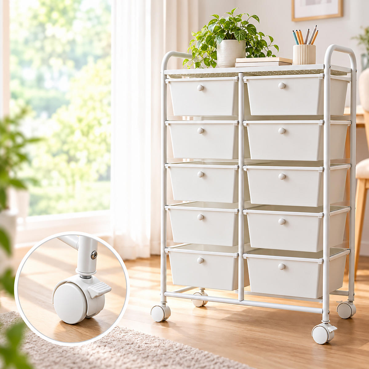 VOZÍK Bílý 10 zásuvek kov plast 96/65/38 cm - bílá, kov/plast (65/96/38cm) - Relaxdays